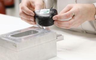 A safety shoe toe cap made of recycled material