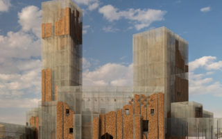 A ruin-inspired pavilion made of wire mesh and cork
