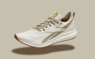 A performance running shoe made of tree, beans and algae