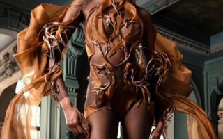 A 3D printed haute couture dress made of cocoa beans
