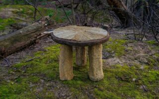 A stool made of spent shower sponges and coffee grounds