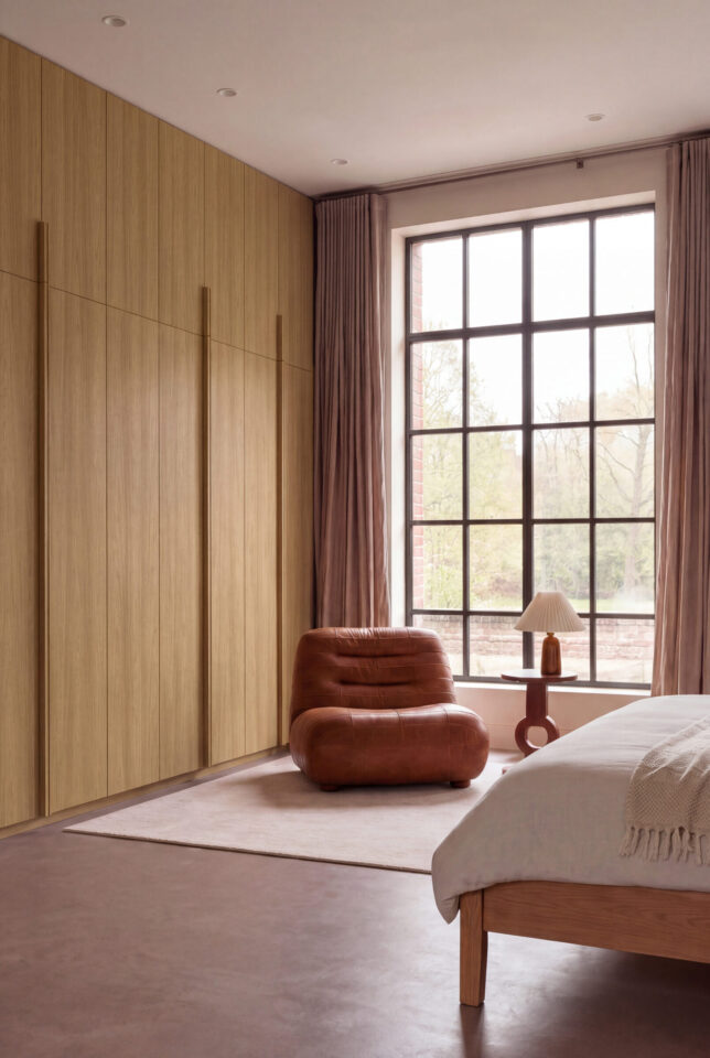 Bedroom with a floor-to-ceiling wardrobe in a light teak decor