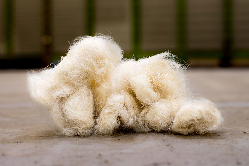 Tuft of soft, cream-coloured hemp fibre on a concrete floor