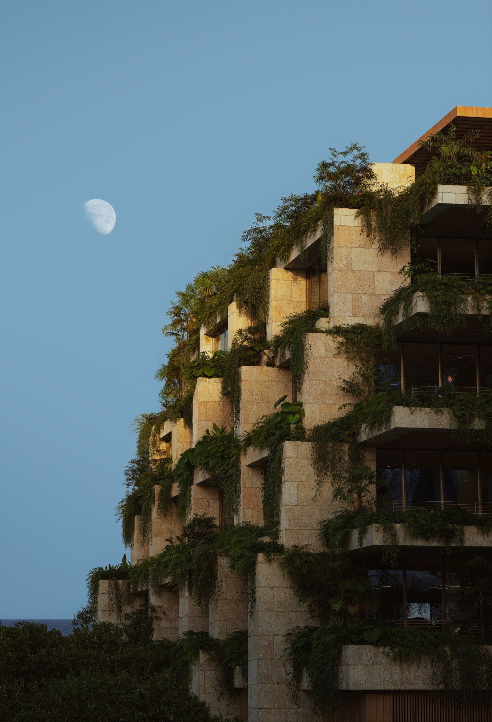 Rendering of stepped coral stone terraces with hanging plants at dusk